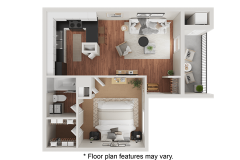 Floor plan for 1 bed, 1 bath, 561 sqft